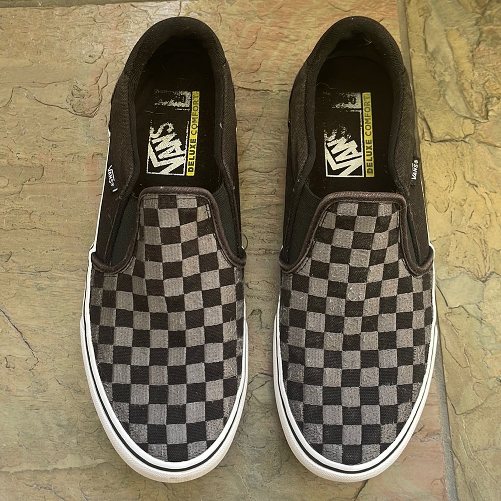 Vans Men’s Grey Checkered Slop On Shoes- Size 10